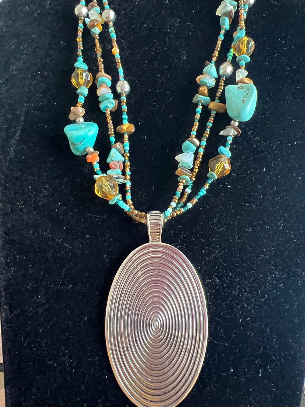 Turquoise Bead Multi-Strand Necklace with Oval Silver Pendant